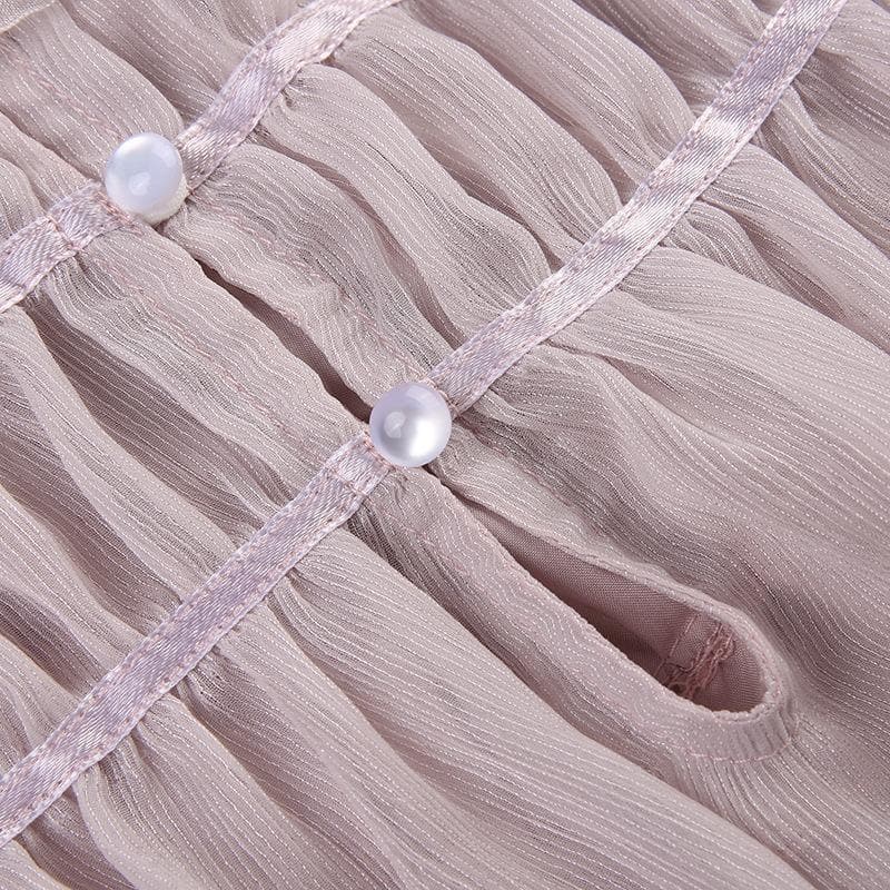 Top corto in chiffon con volant plissettato e orlo in pizzo con bottoni