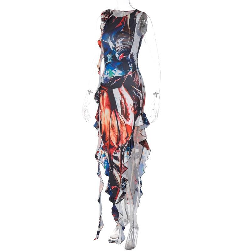 Ärmelloses Maxikleid mit Blumenapplikation und Kontrastdruck