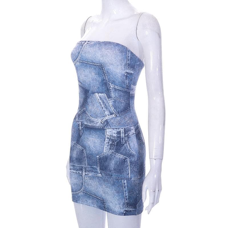 Rückenfreies, ärmelloses Tube-Minikleid mit Jeans-Print und Kontrast