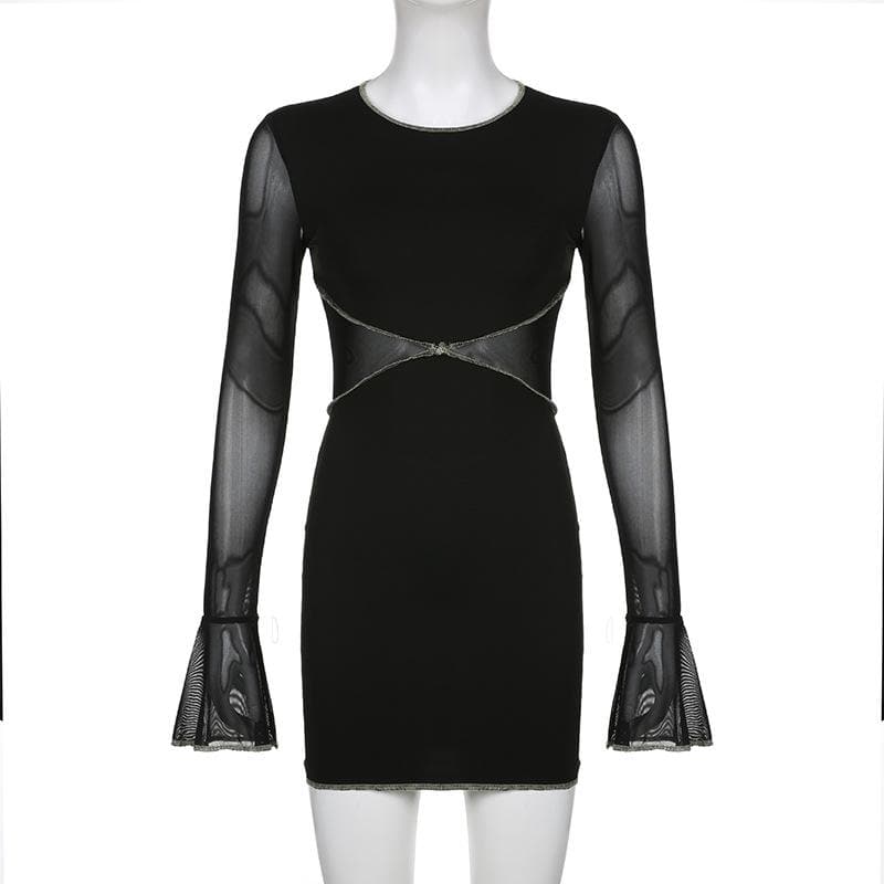 Stitch mesh flared sleeve contrast patchwork mini dress