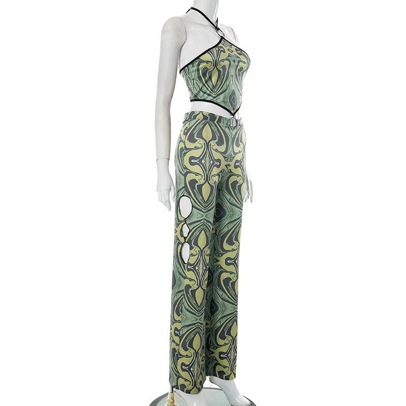 Halter o ring hollow out backless contrast print pant set