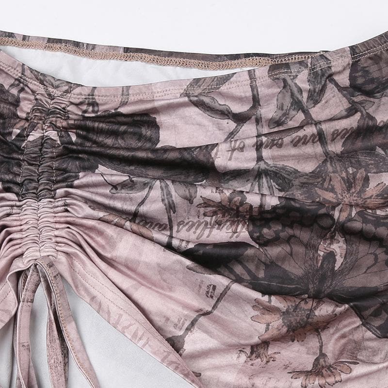 Halter self tie drawstring metal chain contrast o ring mini skirt set