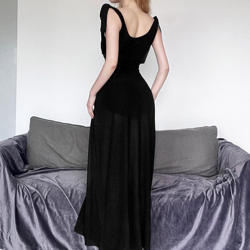 Ärmelloses Maxikleid zum Selbstbinden mit U-Ausschnitt, Schlitz und Rücken
