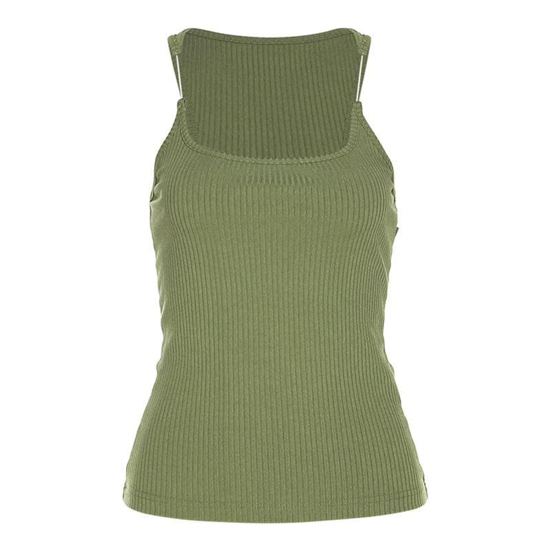 Top senza maniche in patchwork a coste con scollo quadrato