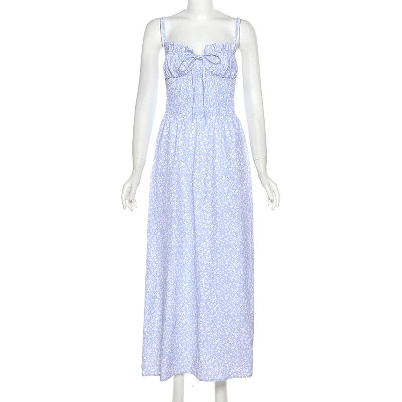 Gesmoktes rückenfreies Maxi-Camisole-Kleid mit Blumenmuster und Kordelzug