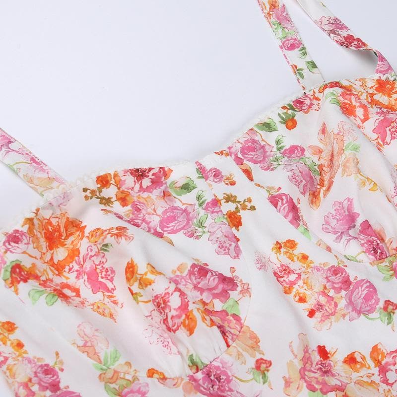 Ärmelloses Midikleid mit gerafftem Blumenprint und Kontrast