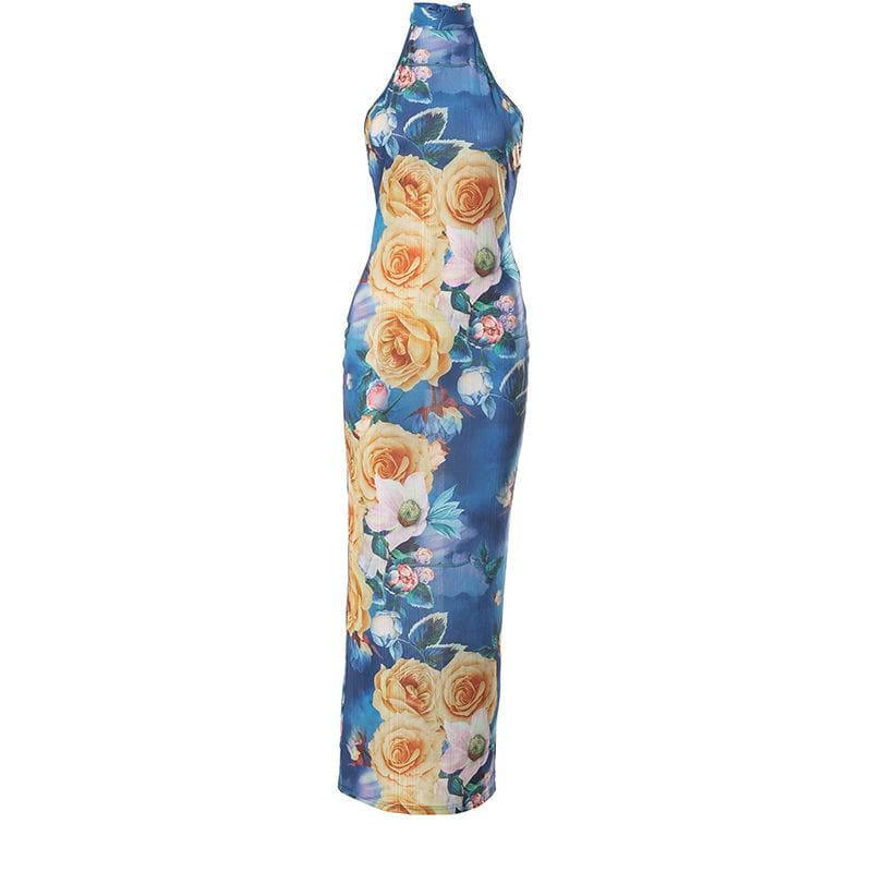 Rückenfreies Maxikleid aus transparentem Netzstoff mit Blumenmuster und Neckholder in Kontrastfarbe zum Binden
