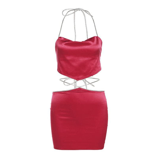 Halter self tie backless zip-up solid cowl neck mini skirt set
