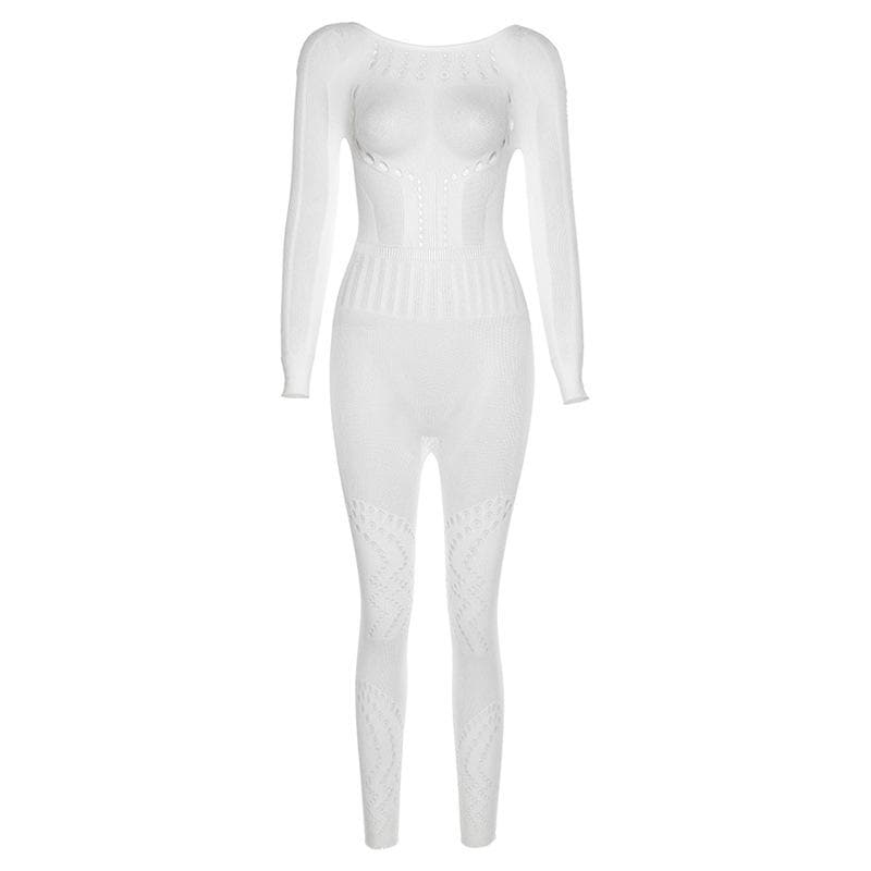 Fishnet long sleeve hollow out backless solid see through jumpsuit