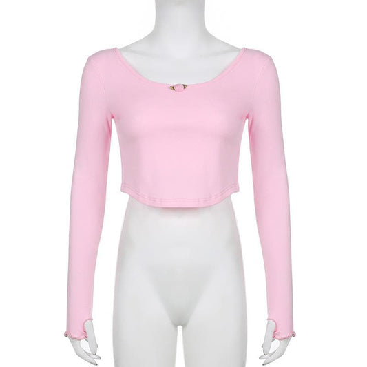 Ruffle long sleeve gloves solid u neck crop top