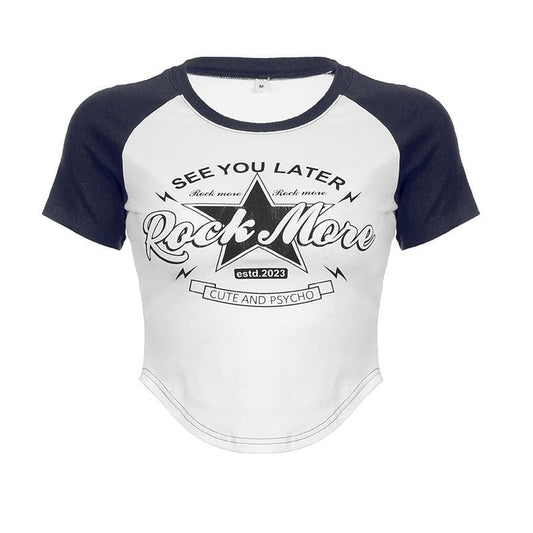 Crewneck star pattern patchwork short sleeve contrast top