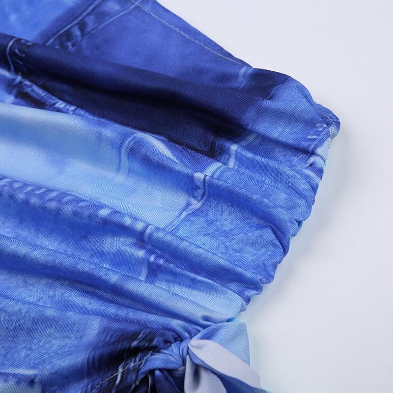 Top in denim con stampa e coulisse irregolare con monospalla