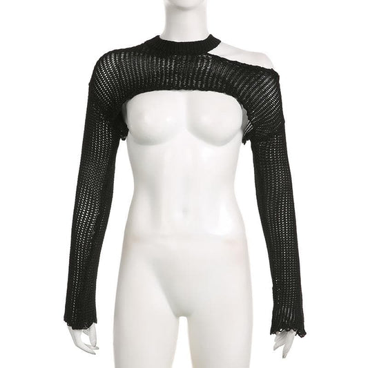 Crochet long sleeve crewneck hollow out irregular shrug top