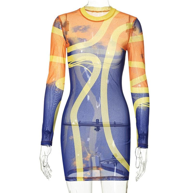 Transparentes Netzstoff-Minikleid mit langen Ärmeln und kontrastierendem Rundhalsausschnitt