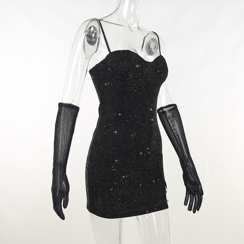 Minikleid mit Camisole-Ausschnitt und Schlitz mit Perlen und Handschuhen - Schlussverkauf