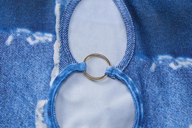 Long sleeve high neck hollow out o ring denim print mini skirt set