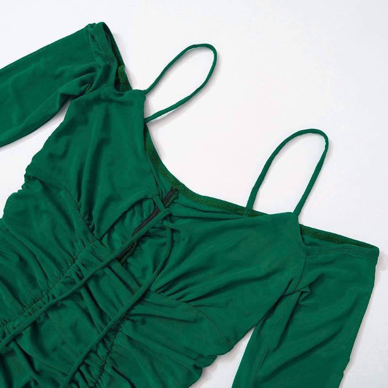 Schulterfreies, durchsichtiges Maxikleid aus transparentem Netzstoff mit Rüschen und Selbstschnürung