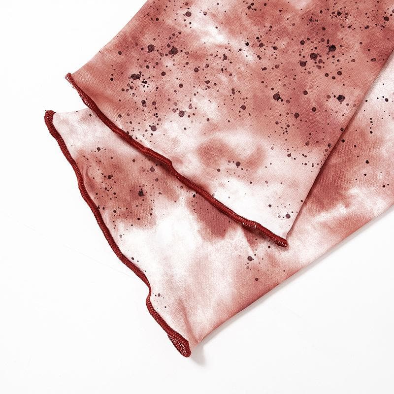 Halter off shoulder self tie ruffle long sleeve backless tie dye top