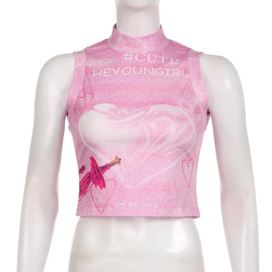 Sleeveless high neck heart pattern contrast crop top