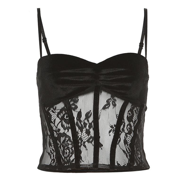 Top corto in velluto tinta unita con corsetto in rete arricciata