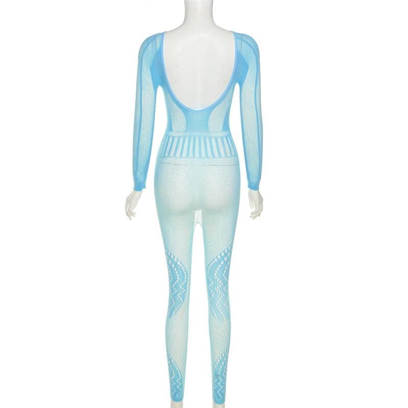 Fishnet long sleeve hollow out backless solid see through jumpsuit