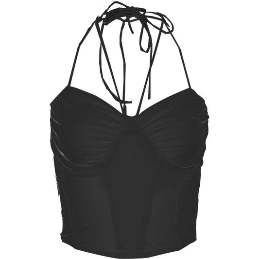 Halter self tie mesh backless ruched corset solid crop top