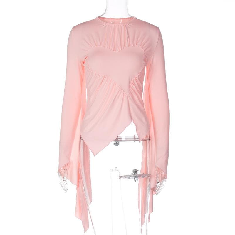 Top a maniche lunghe irregolari con scollo rotondo e arricciature