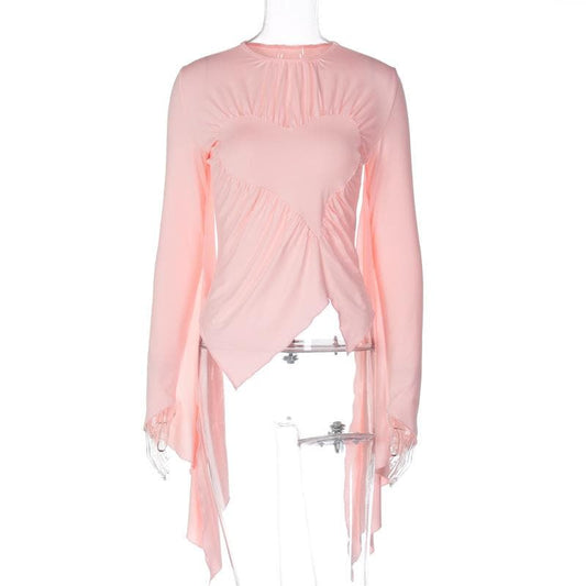Irregular long sleeve ruched crewneck solid top