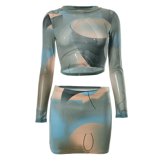 Long sleeve crewneck mesh see through contrast print mini skirt set