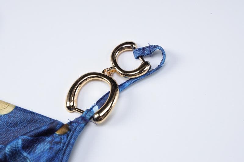 Backless cowl neck metal chain denim print ruched mini skirt set