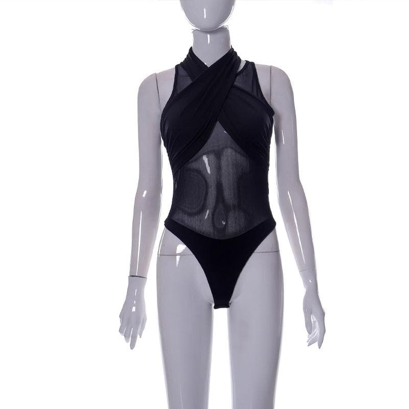 Body senza maniche con incrocio sul davanti in rete