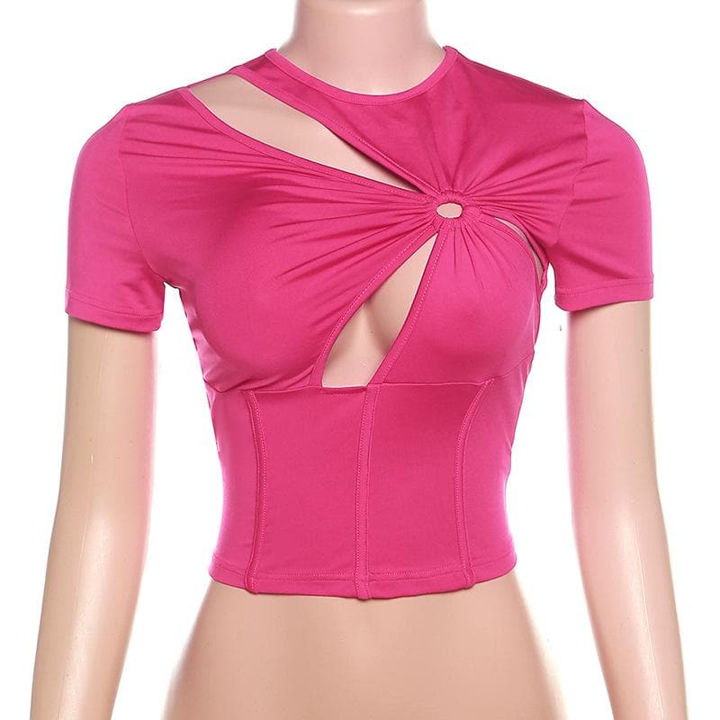 Top corsetto con scollo a giro a maniche corte e arricciature traforate