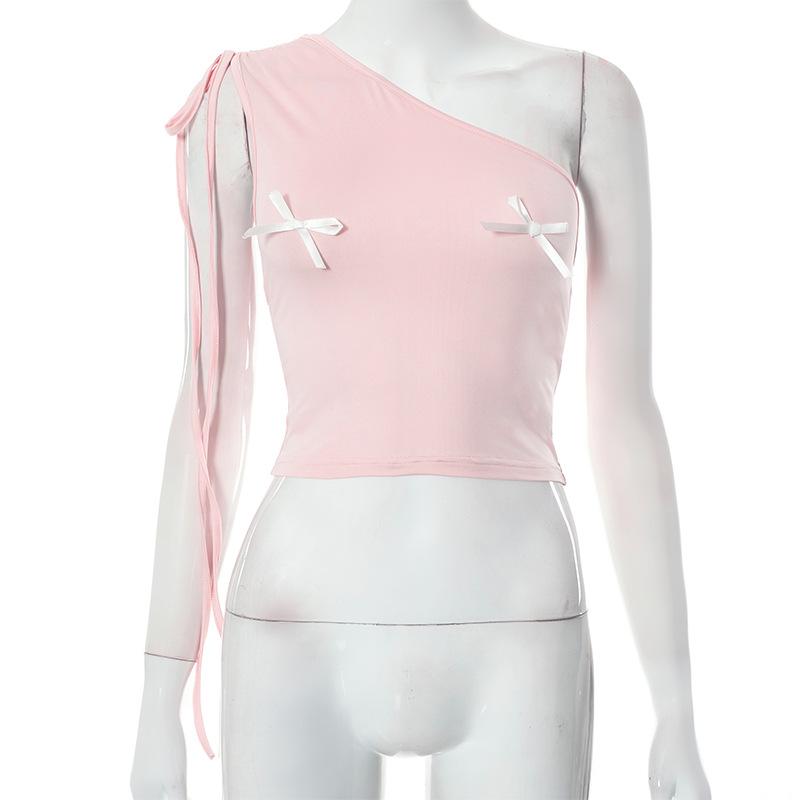 Top corto monospalla con coulisse e fiocco arricciato