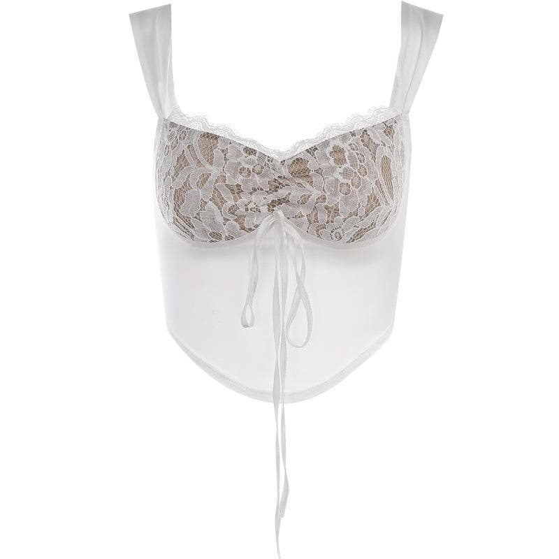 Top corto senza maniche con laccetti e inserti in pizzo patchwork
