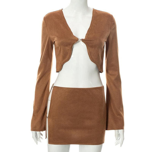 Long sleeve solid v neck slit mini skirt set