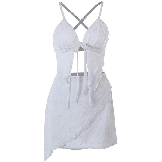 Textured solid cross back self tie backless v neck mini skirt set