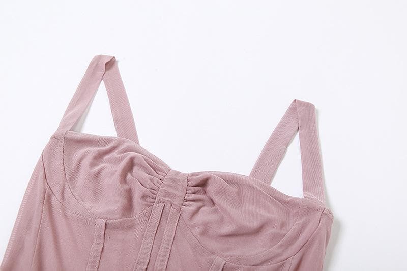 Top corto in rete trasparente con scollo quadrato, corsetto e schiena scoperta con arricciature