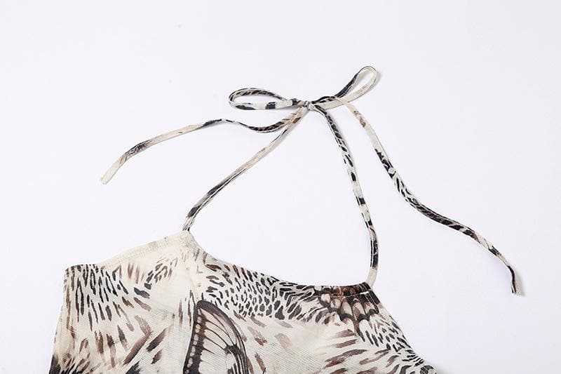 Top corto con scollo all'americana irregolare in rete trasparente con motivo a farfalla