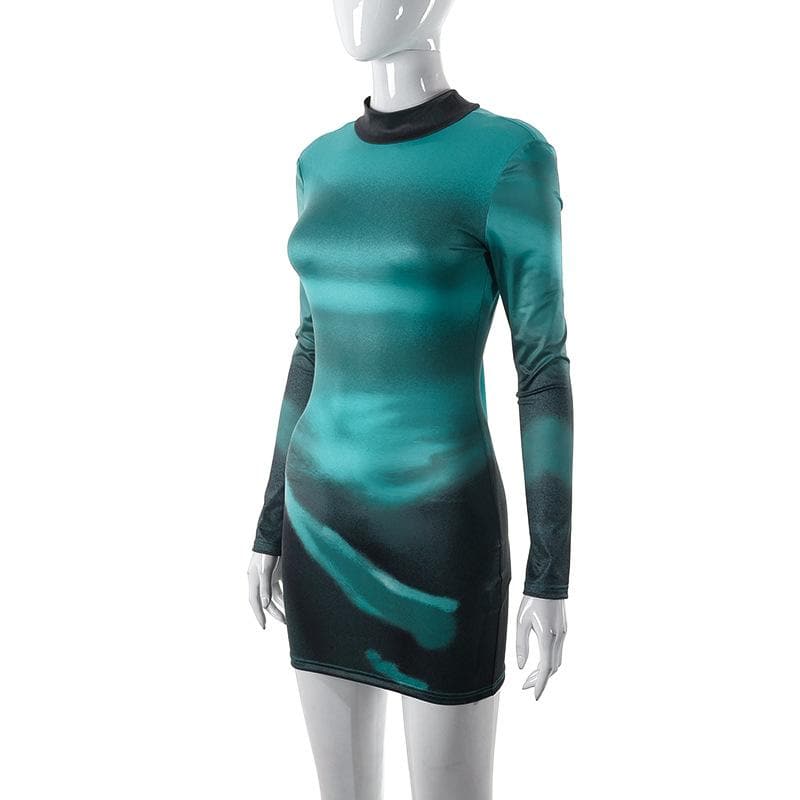 Hochgeschlossenes, langärmliges, rückenfreies Minikleid mit Farbverlauf zum Selbstbinden