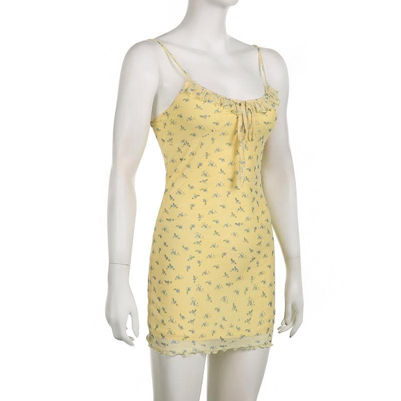 Gerafftes Mesh-Rüschen-Minikleid zum Selbstbinden mit Blumenmuster