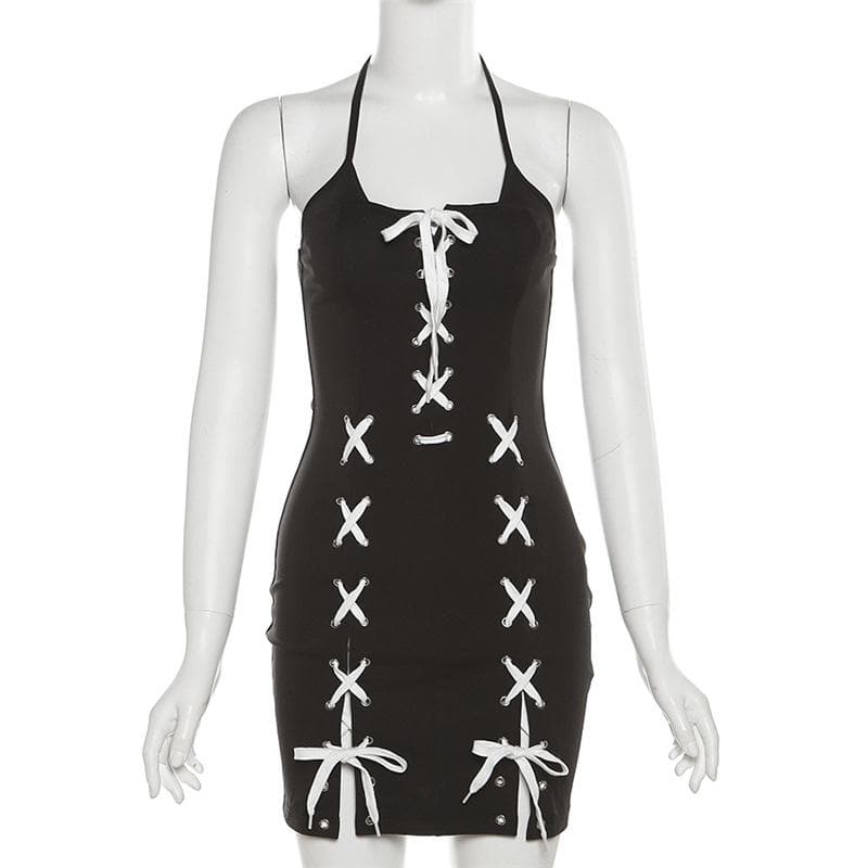 Rückenfreies Minikleid mit Schnürung, kontrastierendem Schlitz und selbstbindendem Neckholder