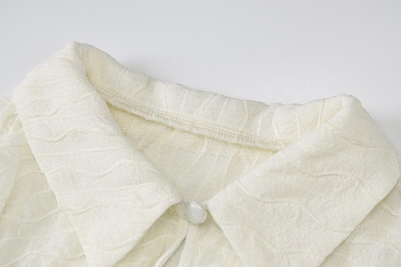 Textured button turnover collar short sleeve ruffle mini skirt set