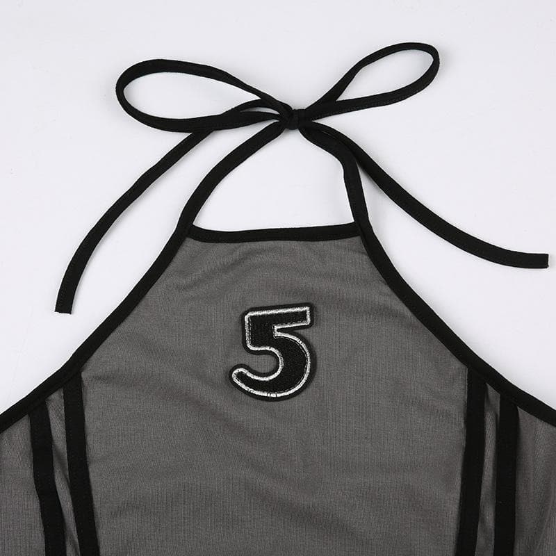 Body con scollo all'americana, schiena scoperta e arricciata, ricamo "5" a contrasto