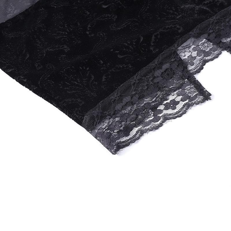 Lace up backless velvet lace hem square neck cami crop top