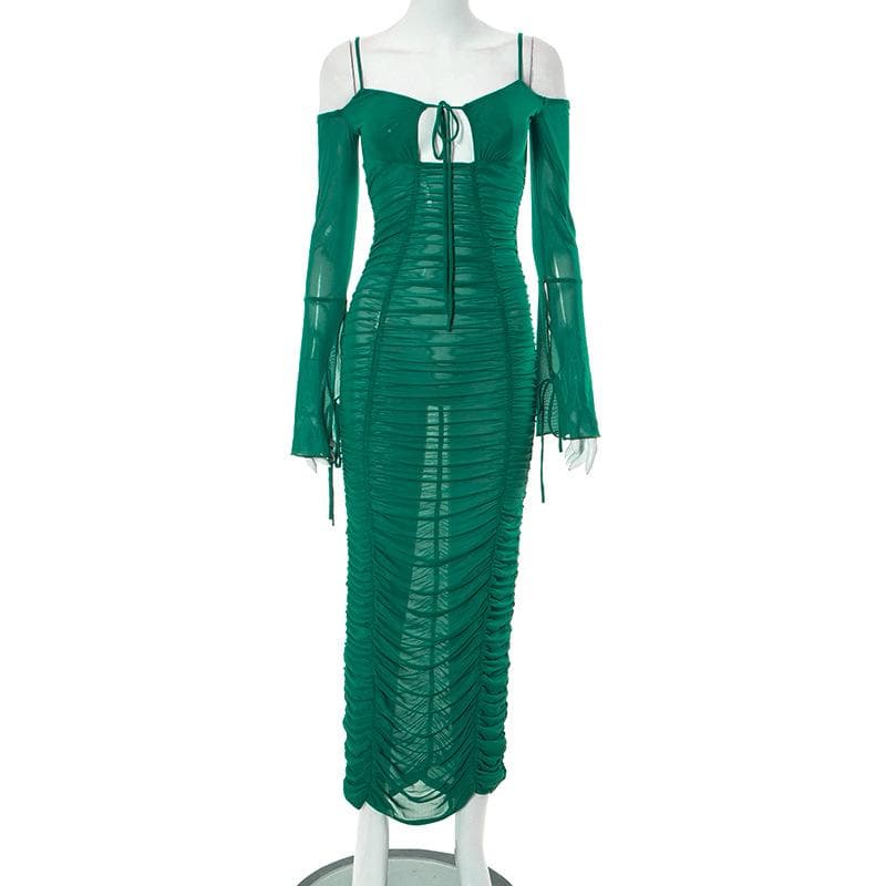 Schulterfreies, durchsichtiges Maxikleid aus transparentem Netzstoff mit Rüschen und Selbstschnürung
