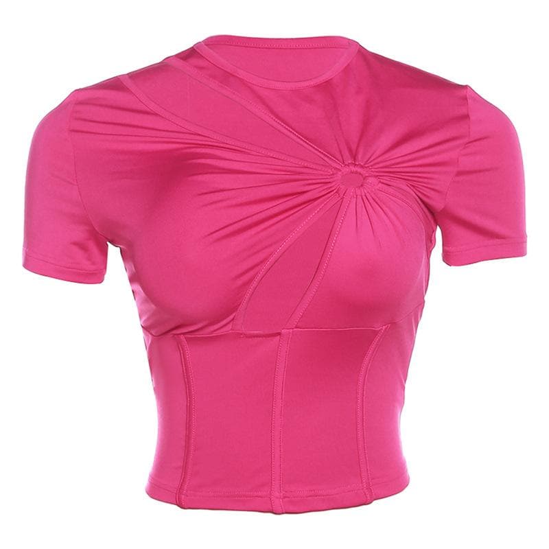 Top corsetto con scollo a giro a maniche corte e arricciature traforate