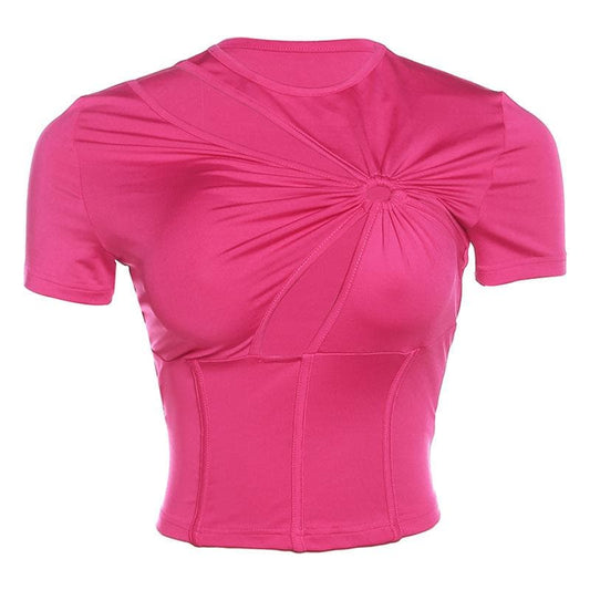 Short sleeve crewneck ruched hollow out corset top
