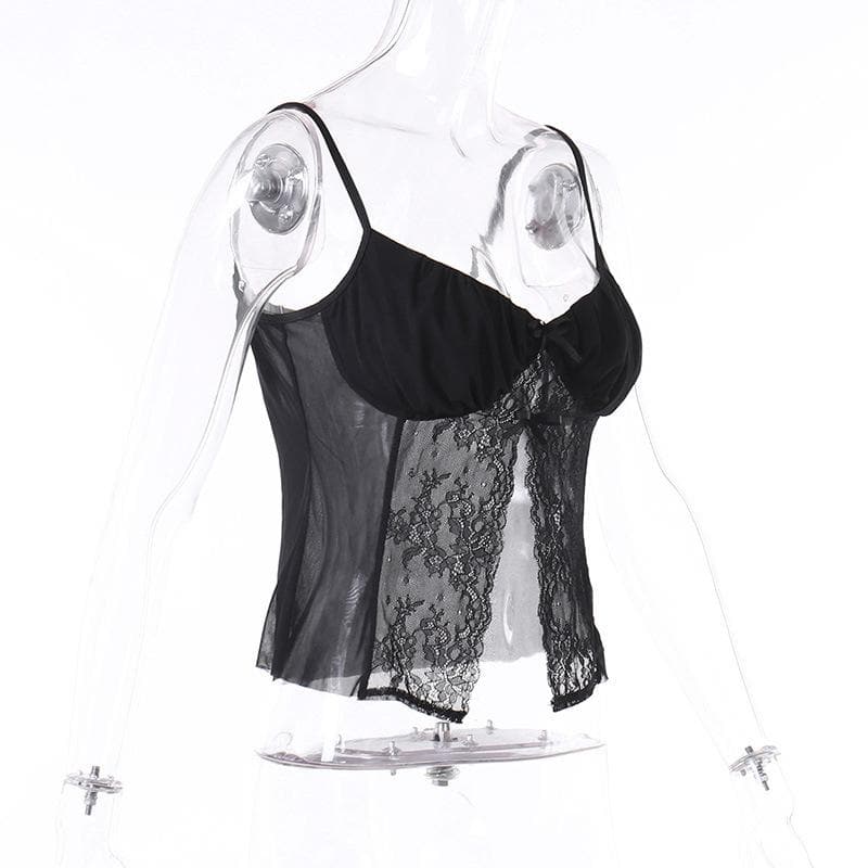 Top corto con scollo a V e spacco in pizzo patchwork arricciato