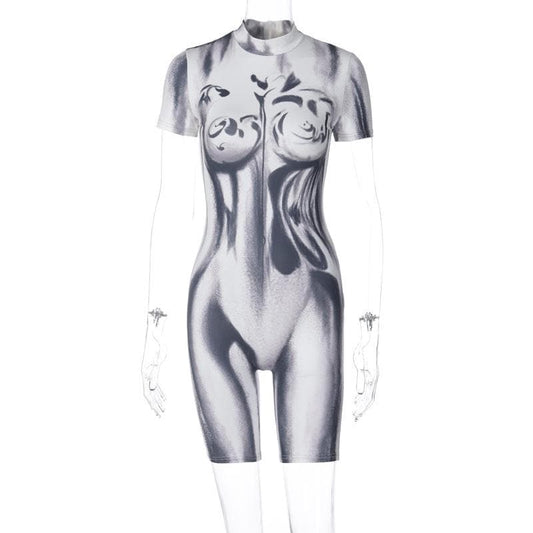 Contrast print high neck short sleeve zip-up romper