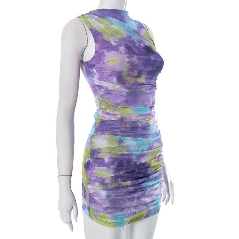 Ruched tie dye sleeveless crewneck mesh mini dress